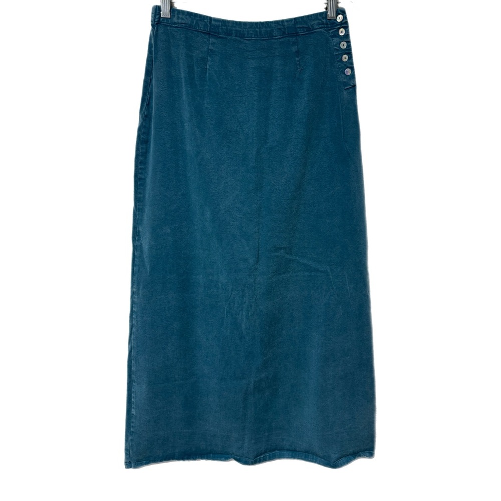 Cut Loose Teal A Line Midi Skirt S Abalone Button Stretch Artsy Lagenlook